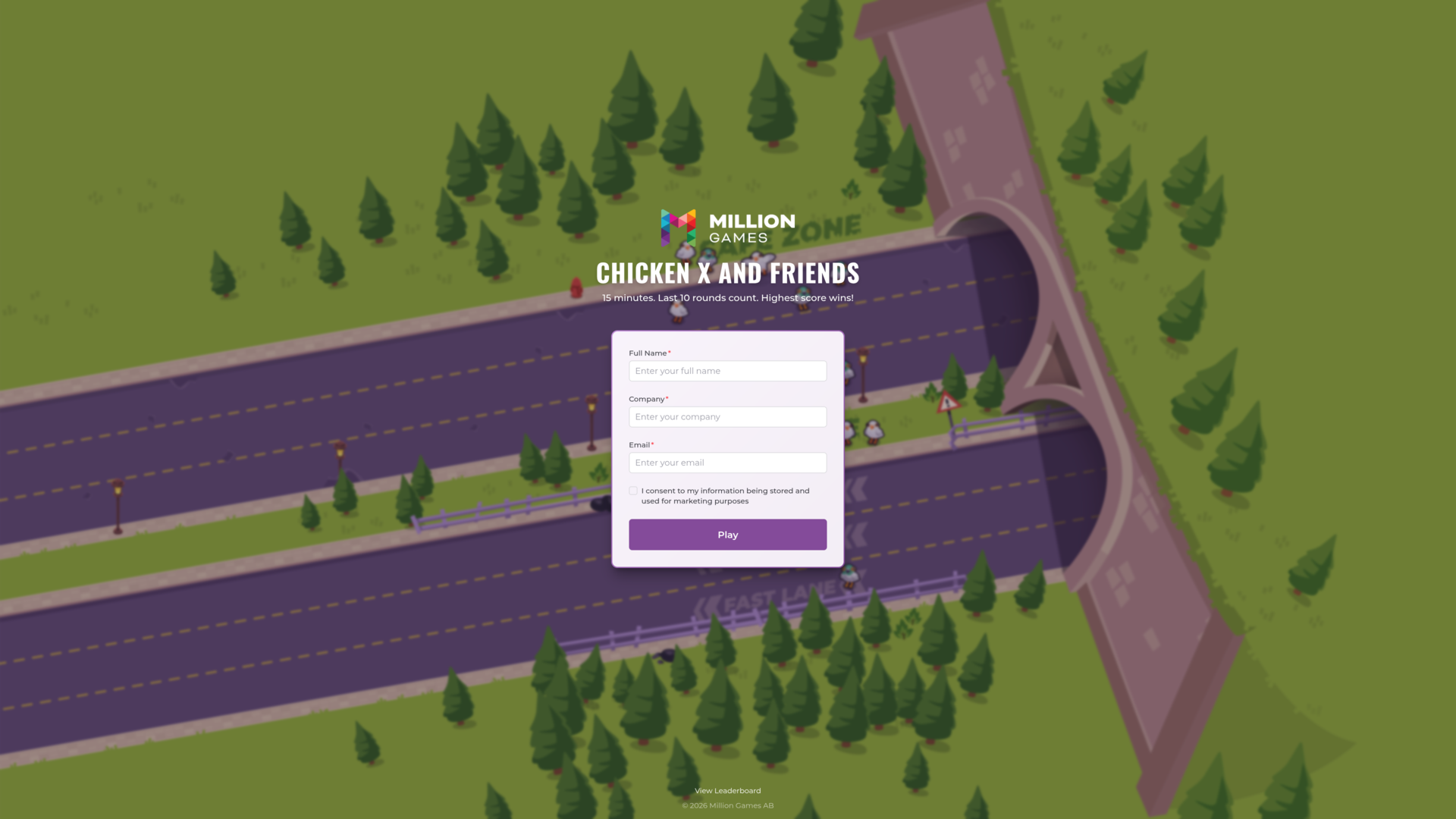 Registreringssida med Million Games-logga, titeln Chicken X and Friends och ett formulär med namn, företag, e-post och GDPR-samtycke — på en top-down-bakgrund från spelet